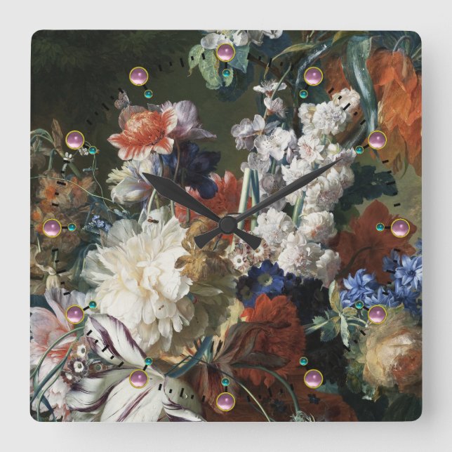 RELÓGIO QUADRADO FLORAL ANTIQUANTO, ANEMONAS VERMELHAS DE PINCO FLO (Frente)