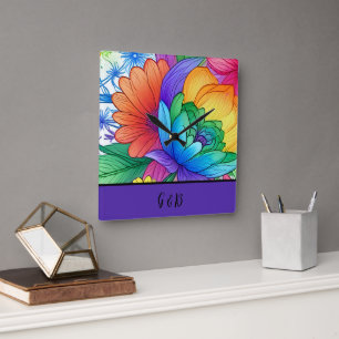 Relógio Quadrado floral arco-íris lgbtq