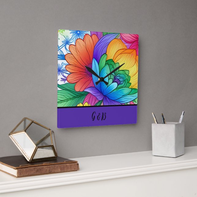 Relógio Quadrado floral arco-íris lgbtq (Escritório)