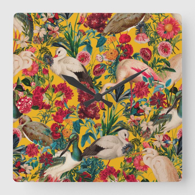 RELÓGIO QUADRADO FLORAL E AVES XVIII (Frente)