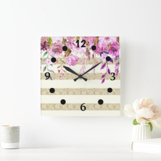 Relógio Quadrado Floral Elegante Listrado Dourado