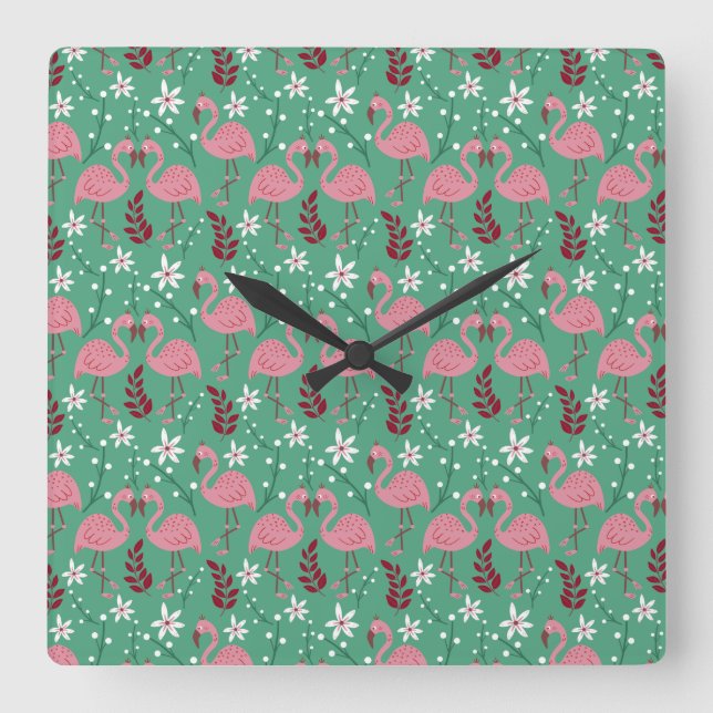 Relógio Quadrado Floral flamingo seamless pattern pink green (Frente)