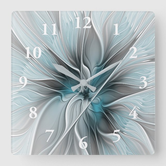 Relógio Quadrado Floral Fractal Moderno Abstrato Flor Azul Cinza (Frente)