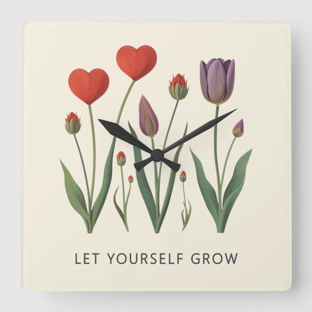 Relógio Quadrado Floral Heart Tulips Let Yourself Grow Quote (Frente)