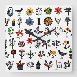 Relógio Quadrado Floral popular e aves coloridas