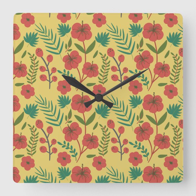 Relógio Quadrado Floral seamless pattern red yellow green flowers (Frente)