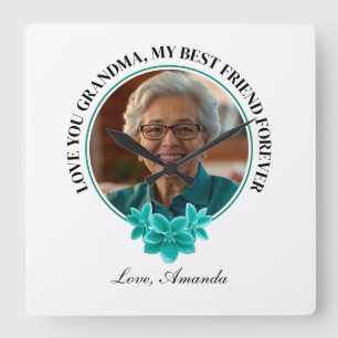 Relógio Quadrado Floral Teal Frame Grandboy para a Vovó Foto