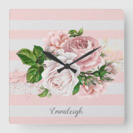 Relógio Quadrado Floral Vintage Listrado Rosa