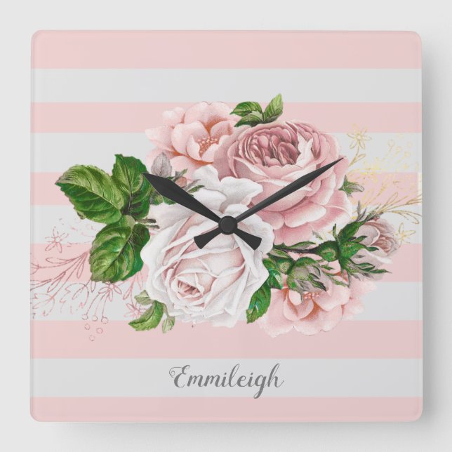 Relógio Quadrado Floral Vintage Listrado Rosa  (Frente)