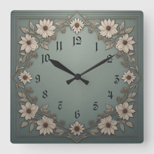 Relógio Quadrado Flores Art Deco