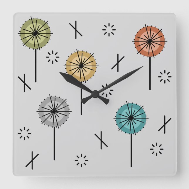 Relógio Quadrado Flores Atômicas Retro Multicoloridas (Frente)