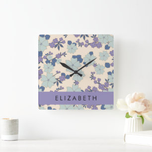 Relógio Quadrado Flores Azuis, Flores Roxas, Floral, Seu Nome