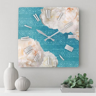 Relógio Quadrado Flores Brancas De Peônias Na Cor damasco De Turque