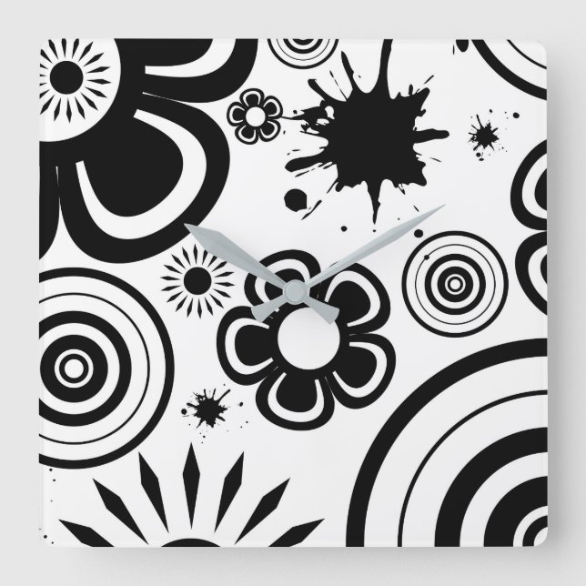 Relógio Quadrado Flores caprichosas em preto e branco, círculos, re (Frente)