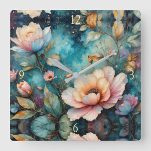 Relógio Quadrado Flores coloridas folhas e céu