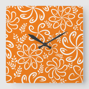 Relógio Quadrado Flores cor de laranja e folhas de Wall Clock