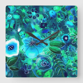 Relógio Quadrado Flores De Abstrato Flor De Teal Verde Azul