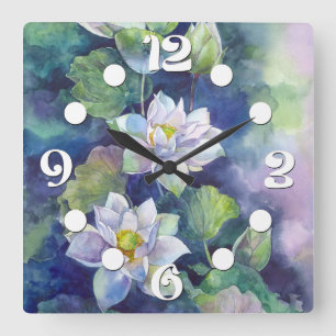 Relógio Quadrado Flores de aquarela flor branca lotos ilustração fl