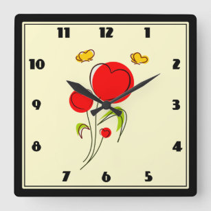 Relógio Quadrado Flores de Coração Vermelho e Borboletas Amarelas