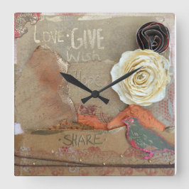 Relógio Quadrado Flores de Cotação de Mídia Misturada