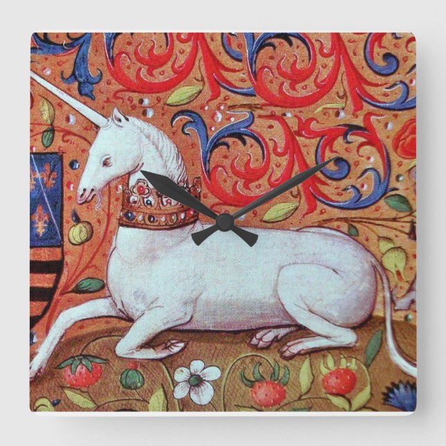 RELÓGIO QUADRADO FLORES DE FANTASIA UNICORN E MEDIEVAL, MOTIFOS FLO (Frente)