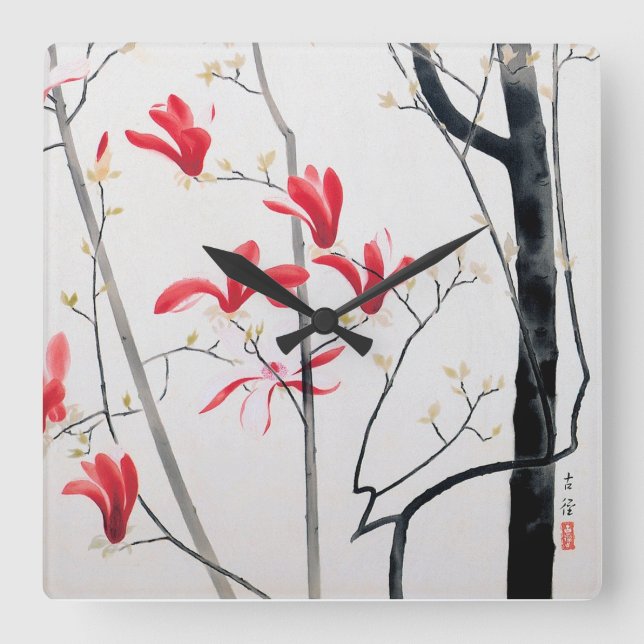 Relógio Quadrado Flores de Magnolia Tree, Kobayashi Kokei (Frente)