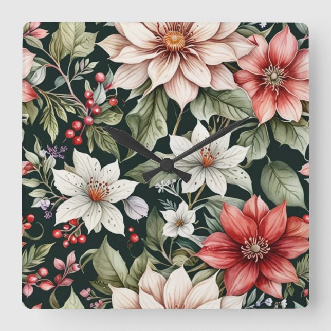 Relógio Quadrado Flores de Natal Coloridas Negras Elegantes (Frente)