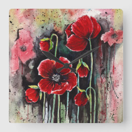 Relógio Quadrado Flores De Papoila Em Aquarela
