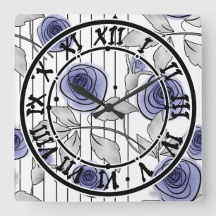 Relógio Quadrado Flores de rosas modernas abstratas violeta cinza b