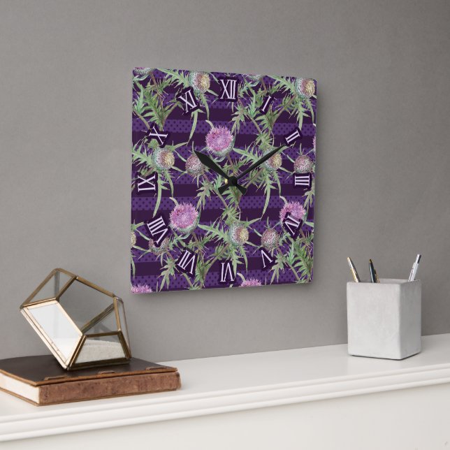 Relógio Quadrado flores de violeta cardo (Escritório)