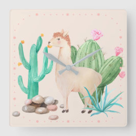 Relógio Quadrado Flores do Deserto LIama Cactus