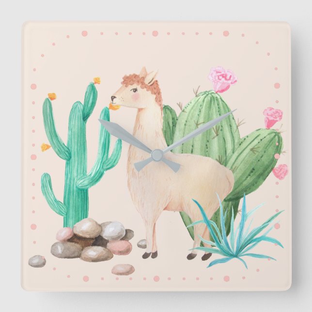 Relógio Quadrado Flores do Deserto LIama Cactus (Frente)