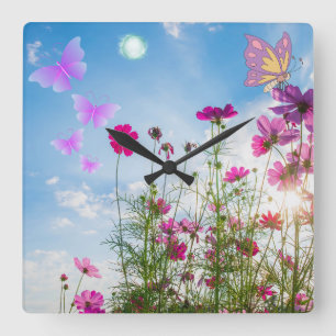 Relógio Quadrado flores e borboletas de primavera