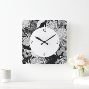 Relógio Quadrado Flores e pássaros pretos, brancos e cinzas