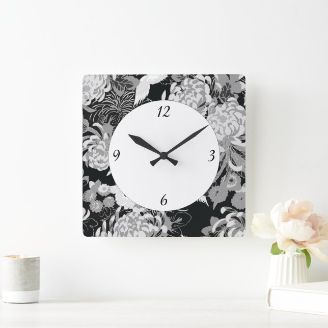 Relógio Quadrado Flores e pássaros pretos, brancos e cinzas (Lar)
