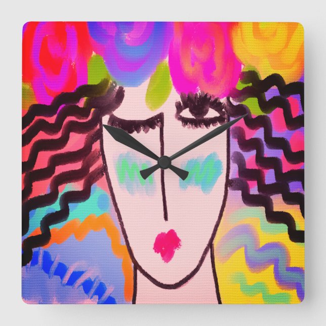 Relógio Quadrado Flores em sua arte abstracta do cabelo (Frente)