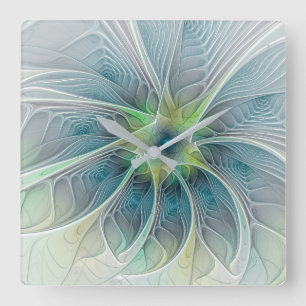 Relógio Quadrado Flores Fantasias Modernas Azul Flor Fractal Verde