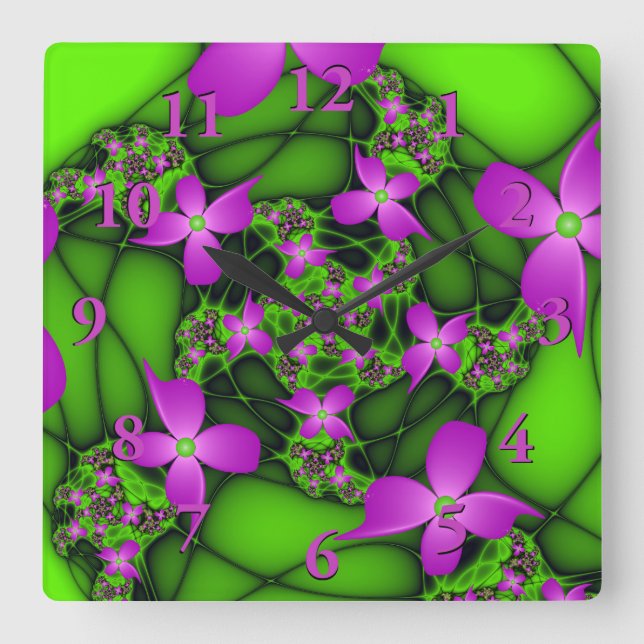 Relógio Quadrado Flores Fractais Verdes Rosa-Rosa-Abstrato modernas (Frente)