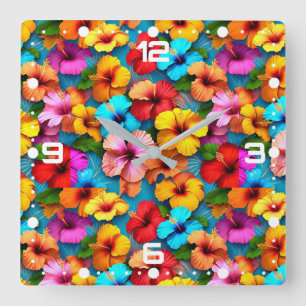 Relógio Quadrado Flores Multicoloridas Florais Padrão-36355