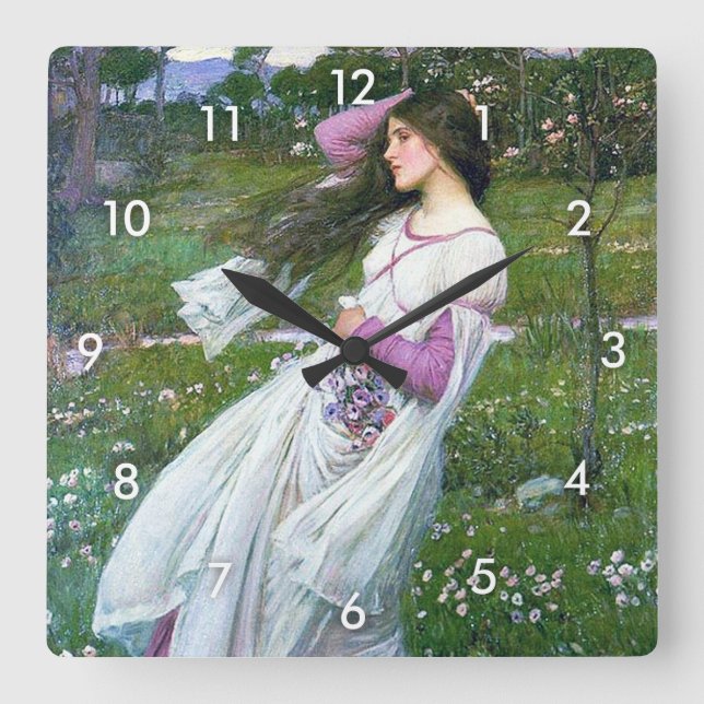 Relógio Quadrado Flores no Vento, John William Waterhouse (Frente)