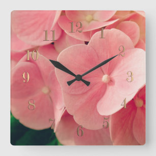Relógio Quadrado Flores pastel do rosa do Hydrangea do Hortensia