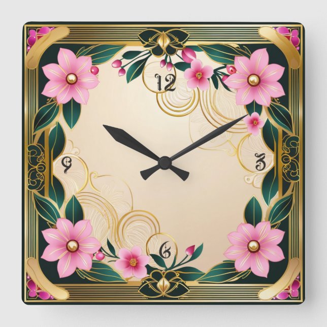 Relógio Quadrado Flores Rosa (Frente)
