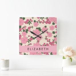 Relógio Quadrado Flores Rosa, Padrão De Flores, Seu Nome