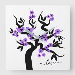 Relógio Quadrado Flores roxas e aves apaixonadas sakura cerejeira
