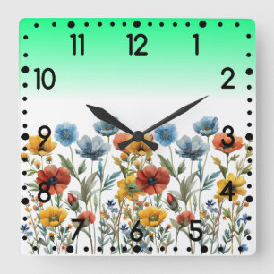 Relógio Quadrado Flores Silvestres de Primavera em Aquarela-67548