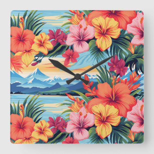 Relógio Quadrado Flores Tropicais Coloridas e Paisagem