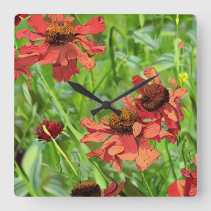RELÓGIO QUADRADO FLÔRES VERMELHAS DE RUDBECKIA