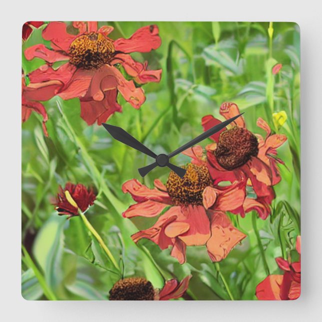 RELÓGIO QUADRADO FLÔRES VERMELHAS DE RUDBECKIA (Frente)