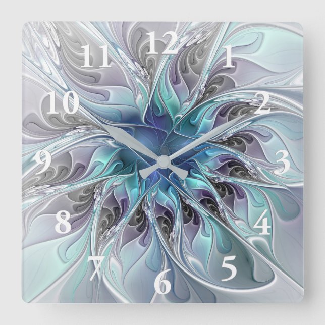 Relógio Quadrado Florescer Abstrato Moderno Fractal Flor Com Azul (Frente)