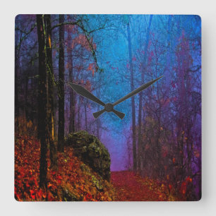 Relógio Quadrado Floresta Pintada Outono Névoa Roxa